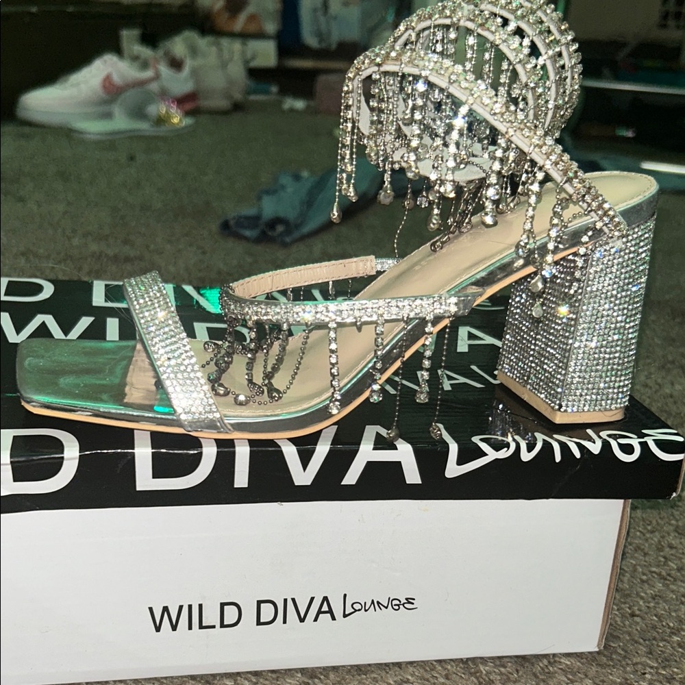DIVA Lounge Glittering Silver Heels with Crystal Accents